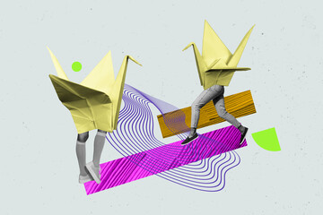 Naklejka premium Creative drawing full image collage picture of origami bird crane friends couple walk meeting asian traditional folded paper