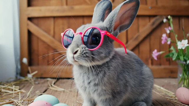 Playful Gray Rabbit Surrounded by Easter Eggs and Wildflowers on Rustic Wood Background, Springtime Celebration.