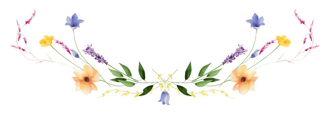 Watercolor floral symmetrical border frame. Pink chamomiles, yellow, orange, peach. flowers, green, turquoise branches. Hand drawn style illustration. Artistic template design. © satika