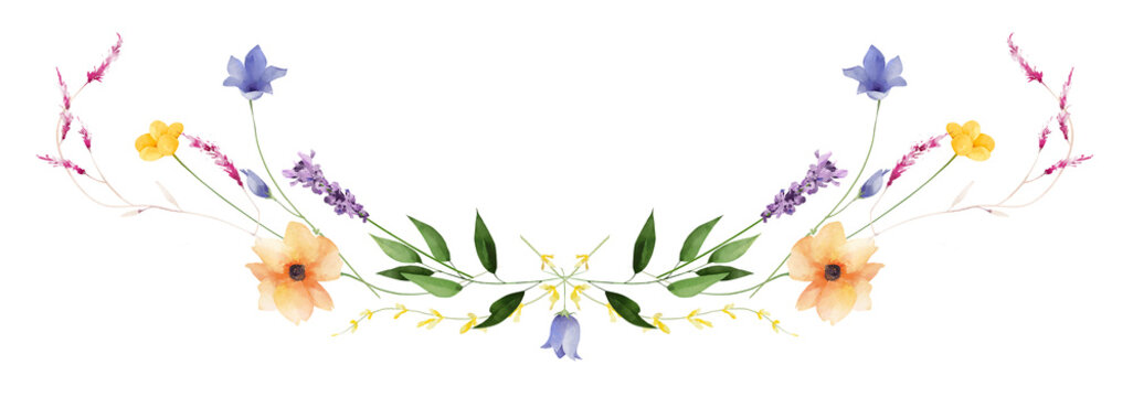 Watercolor floral symmetrical border frame. Pink chamomiles, yellow, orange, peach. flowers, green, turquoise branches. Hand drawn style illustration. Artistic template design.