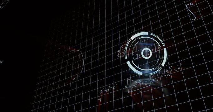 Animation of scope scanning and data processing over clock on black background
