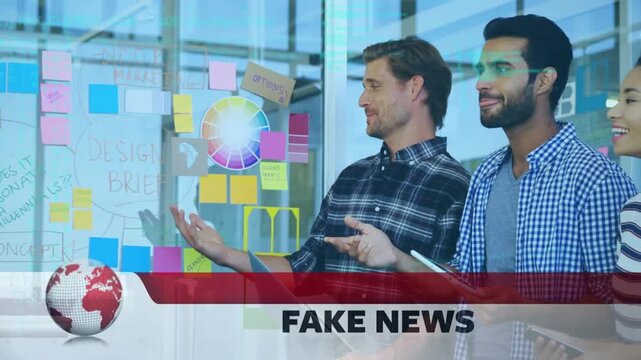 Animation of globe with fake news text banner against diverse colleagues discussing over memo notes