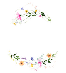 Fototapeta premium Watercolor floral wreath border frame. Pink chamomiles, yellow, orange, peach poppy, flowers. green, turquoise branches. Hand drawn style illustration. Artistic template design.