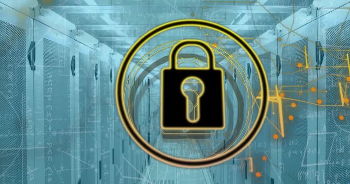 Animation of padlock icon network and mathematical data processing over server room