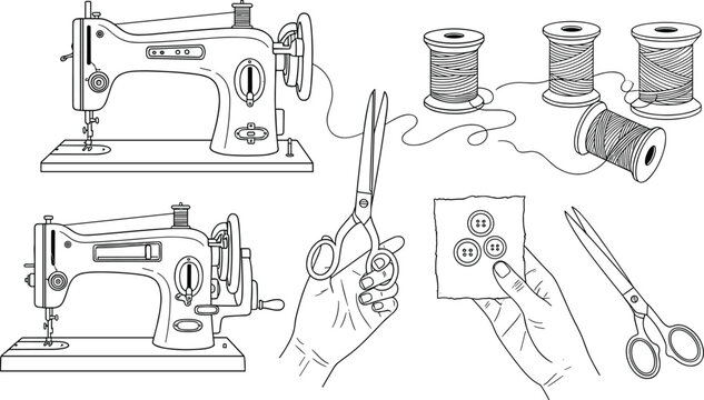Vintage sewing machines and tools silhouette illustration for crafters and tailors