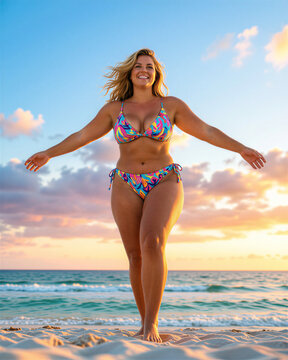 Blonde woman in colorful bikini standing on sandy beach with ocean and sunset in soft focus behind her, exuding happiness and joy.