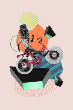 Vertical image art collage of anonym girl guy sit bicycle instead head retro camera film shooting cinema rarity paparazzi