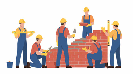 Vector illustration of six construction workers team building brick wall with tools gear teamwork site vector illustration © Vector