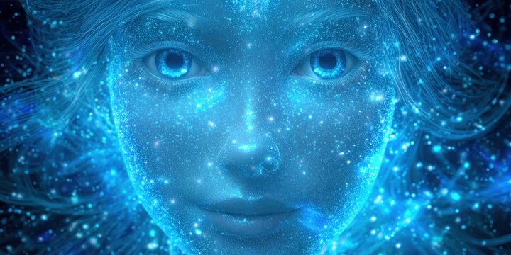 Digital face with glowing blue lights and stars, futuristic technology concept, artificial intelligence, cyberspace, data visualization, and virtual reality background.