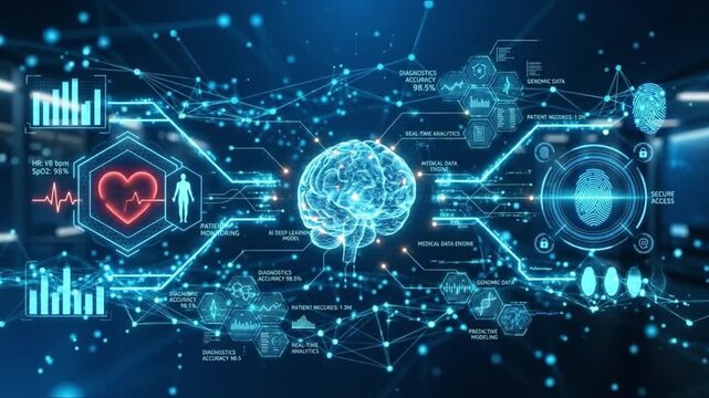 AI deep learning medical data diagnostics accuracy patient monitoring genomic data predictive modeling biometric security real time analytics secure access fingerprint scan heart rate monitor