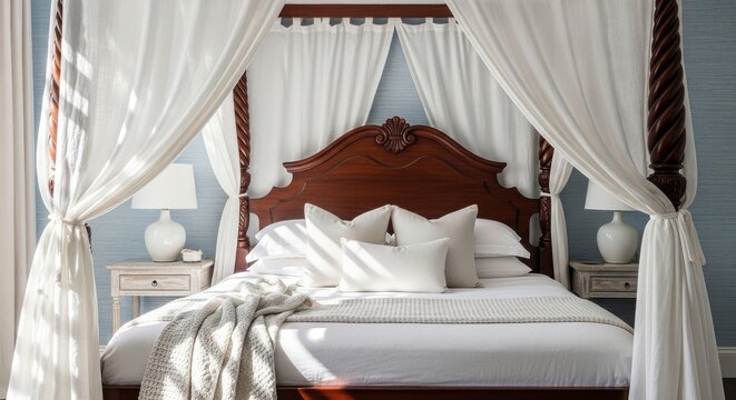 Luxurious canopy bed with dark wood frame and flowing white curtains in an elegant bedroom setting