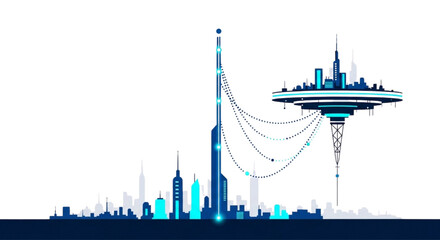 Obraz premium Futuristic city skyline with glowing skyscrapers and a floating structure