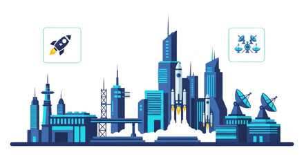 Obraz premium Dynamic illustration of a high-tech city with space travel and advanced communication infrastructure