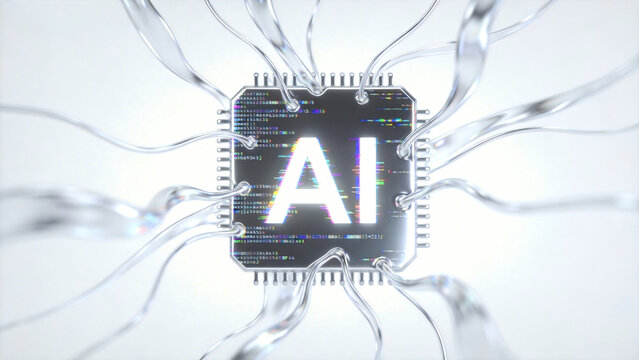 Technology Conference Key Visual &ndash; AI Chip Outline with Color Separation Effects and Data Noise Particles