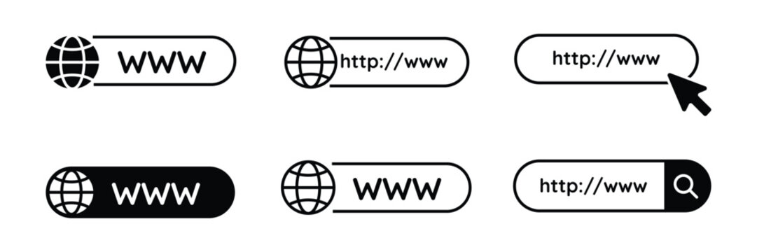 Web browser search bar icon set with world globe symbols and url address fields for internet navigation vector illustration.