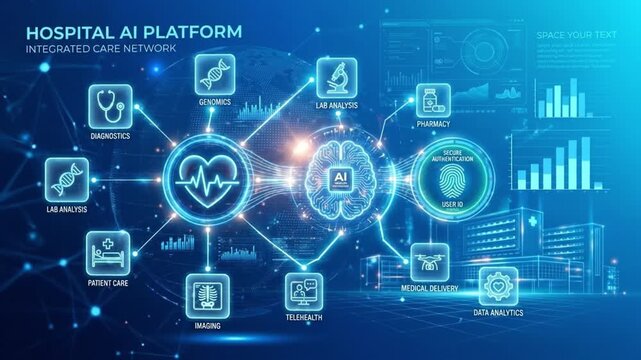 Hospital AI platform integrated care network featuring diagnostics genomics lab analysis pharmacy patient care imaging telehealth medical delivery data analytics secure authentication digital