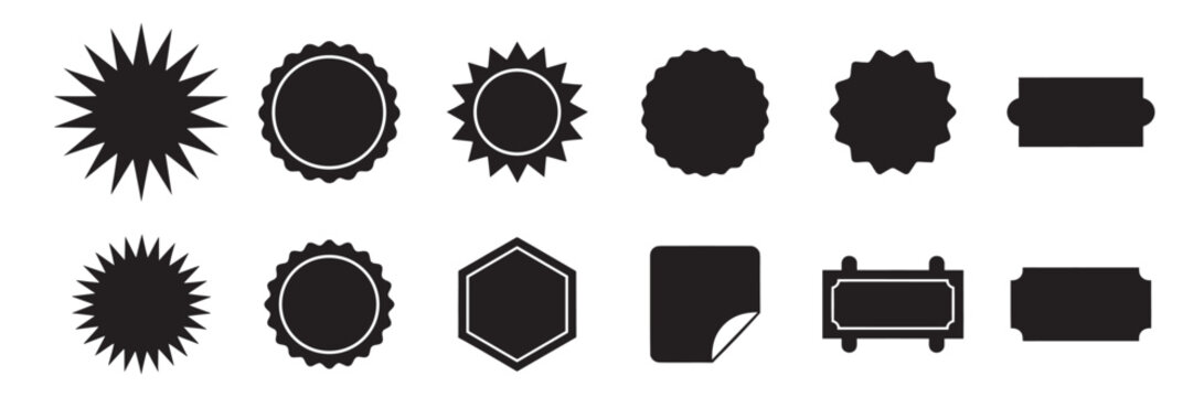 set of badge and label shapes, blank sticker tag and emblem collection, vector template elements on transparent background