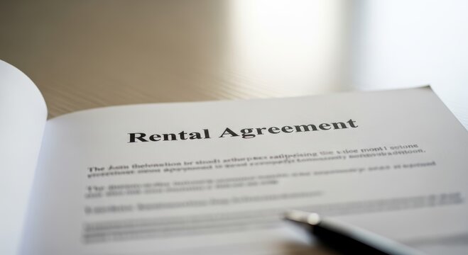Rental agreement document on a wooden desk with a pen. Legal contract for real estate lease or apartment housing rental. Paperwork for property owner and tenant signing. Business formality.