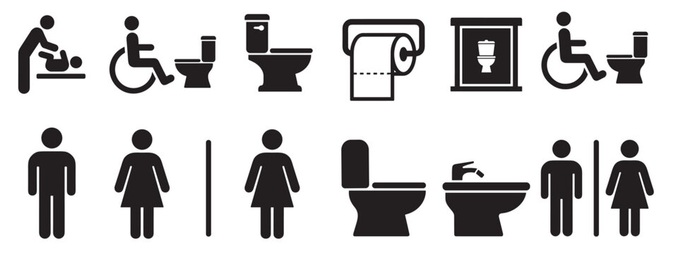 set of restroom and toilet icons, bathroom symbols with accessibility and hygiene elements, simple silhouette vector collection on transparent background