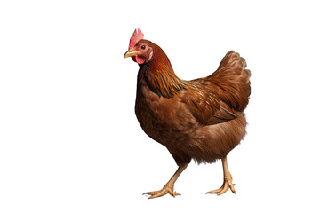 Fototapeta premium Brown hen walking, standing on transparent background, domestic poultry, farm livestock, agriculture, free-range chicken