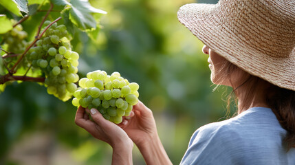Fototapeta premium Woman harvesting green grape cluster by hand in vineyard setting