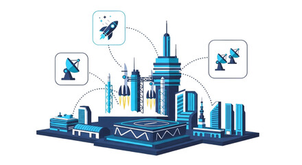 Obraz premium Futuristic Spaceport City with Rockets, Satellites, and Advanced Technology Infrastructure