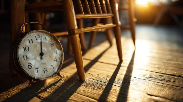 An aged clock stands near a wooden chair, light beams across the floor