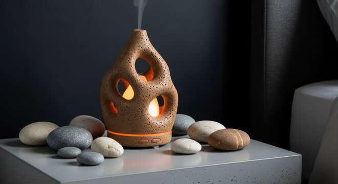 Sculptural ceramic aroma diffuser emitting a subtle mist with warm light and surrounded by smooth stones, creating a serene ambiance.