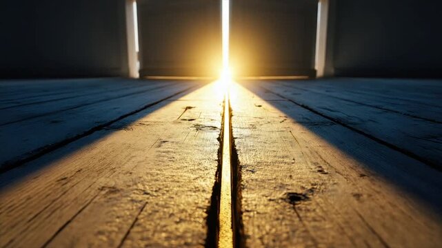 Sunlight streams through a doorway, illuminating a wooden floor. Shadows contrast light