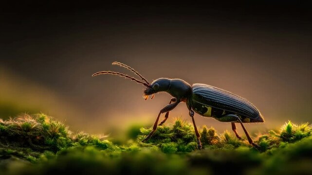 A macro shot showcases a beetle on green moss, illuminated by a warm, blurred background