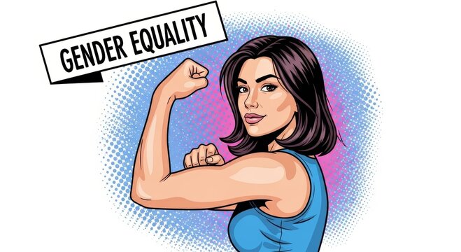Woman flexing arm showing strength and power as symbol of gender equality. Pop art illustration of girl feminist spirit. Concept of empowerment, rights, justice and social work balance.