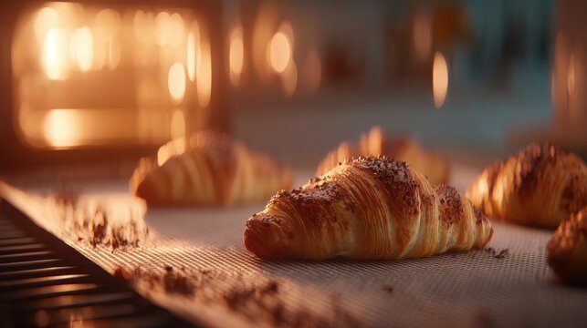Freshly baked pain au chocolat glistening with chocolate chips in a warm oven