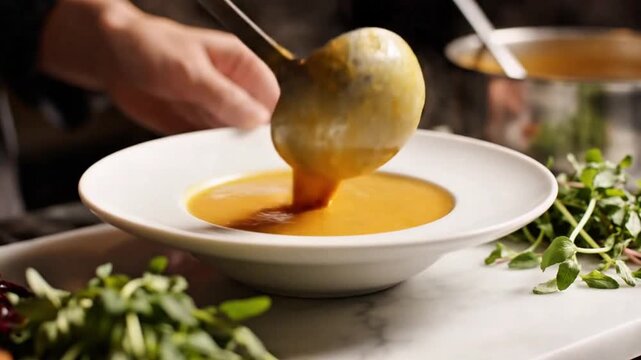 A chef's hand carefully ladles a rich, creamy orange soup into a pristine white bowl, garnished with fresh green microgreens on a kitchen counter.