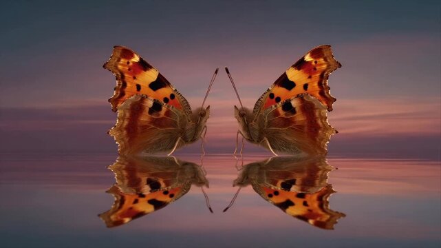 Two orange and black butterflies face each other above reflective water, mirroring each other