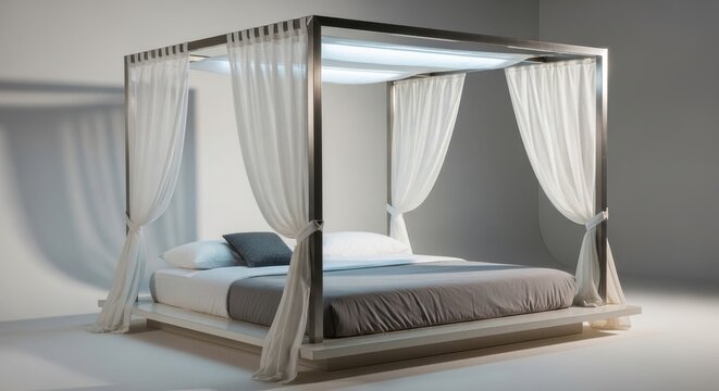 Modern minimalist platform bed with a sleek canopy structure and flowing white curtains in a serene bedroom setting