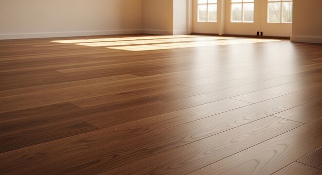 Rich Walnut Wood Flooring with Natural Grain Pattern Illuminated by Sunlight in an Empty Room