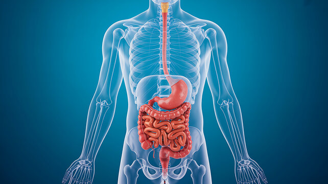 3D illustration of transparent human body displaying digestive system with stomach and intestines