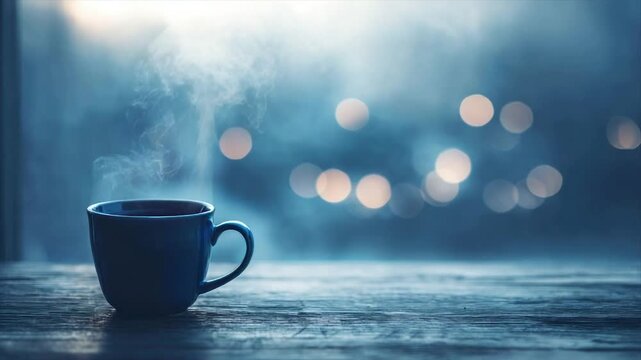 A steaming blue mug sits on a wooden surface with a blurred background of lights