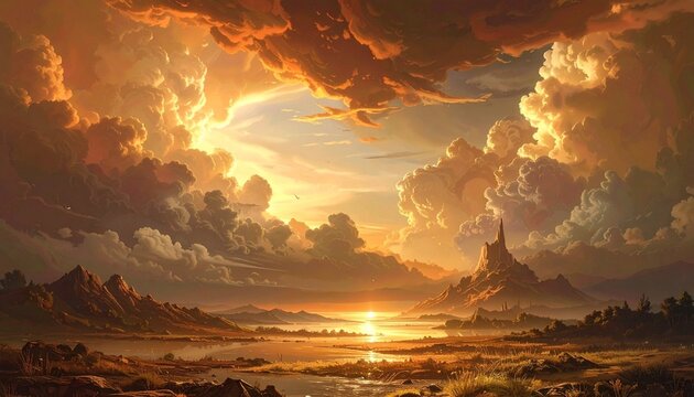 夕陽に染まる幻想的な雲と山の風景