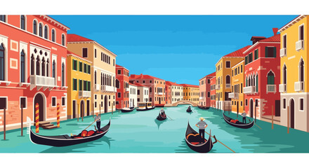 A vibrant venetian canal scene displays gondolas and colorful buildings captured in a striking dark silhouette high quality professional detailed modern © mrvect02