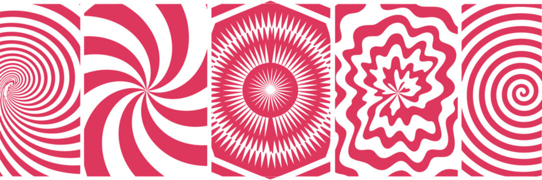 Swirl candy cane patterns set, red white wavy vector background, abstract candy, lollipop, caramel texture, sweet treat illustration, isolated design