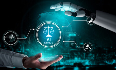Fototapeta premium AI ethics ensures fairness, transparency, and responsibility in intelligent systems, guiding safe and trusted AI integration in society. Artificial intelligence spline