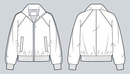 Track Jacket Fashion Flat Technical Drawing, Unisex Zip Up Sports Jacket CAD Template Front and Back View © Liubov Hladka