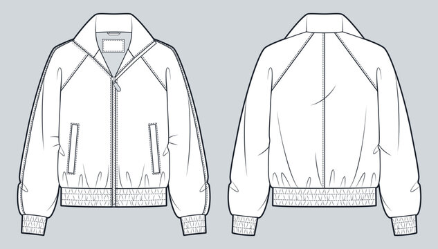 Track Jacket Fashion Flat Technical Drawing, Unisex Zip Up Sports Jacket CAD Template Front and Back View