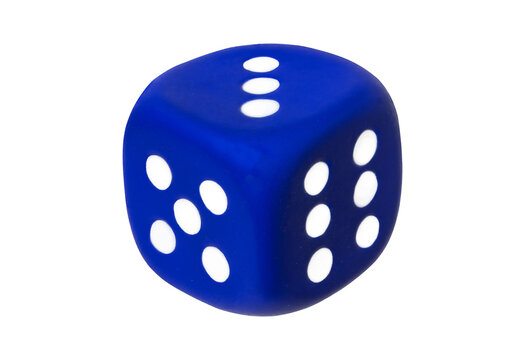Blue six-sided die showing four white dots face up isolated on transparent background