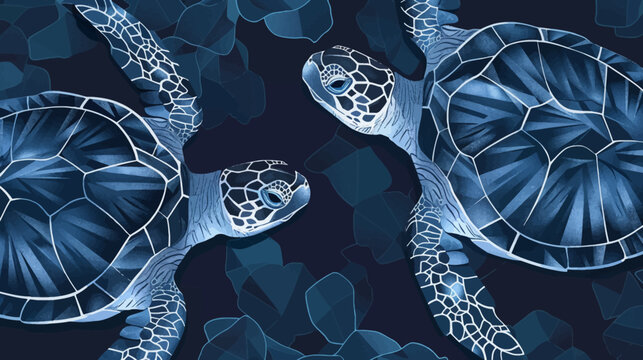 Artistic depiction of two sea turtles with detailed patterned shells and dark blue tones