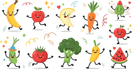Fototapeta premium Cute Cartoon Fruits and Vegetables Character Set with Happy Healthy Food Illustrations