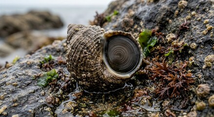 Fototapeta premium Common sea snail periwinkle clinging to a wet, algae-covered coastal rock at low tide, showcasing marine mollusks and shoreline habitats