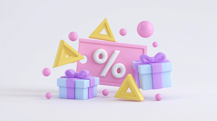 Fototapeta premium Floating gift boxes and geometric shapes surround a percentage sign on a pink background