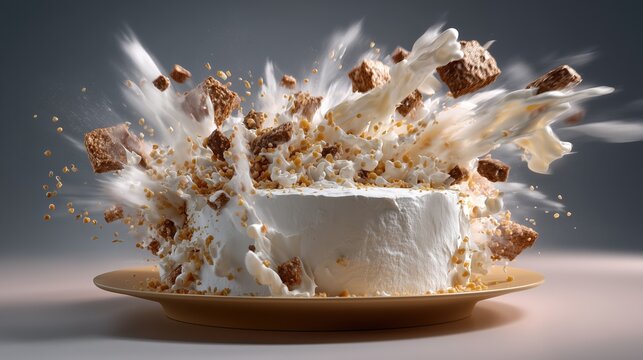 White cream cake exploding with crumbs and cream splash captured in high speed motion on neutral background Concept of food chaos creativity
